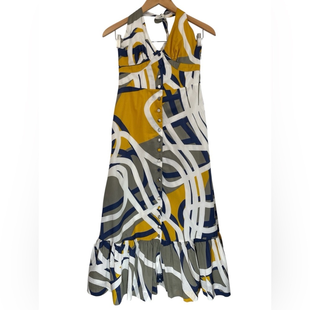 Anthropologie Mauve Halter A-Line Dress Yellow Blue White Size 0 Summer